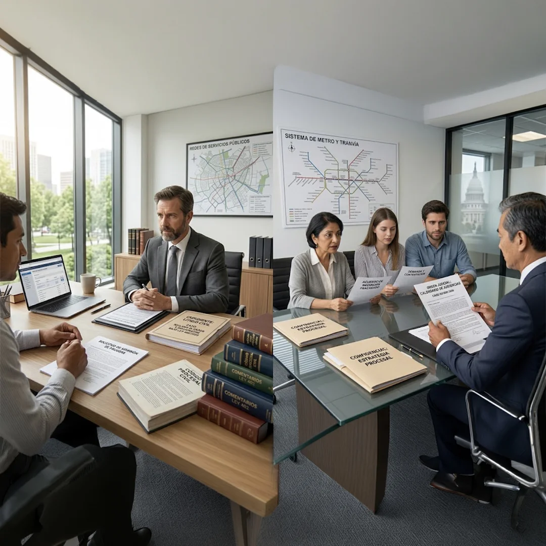 Abogado con el Código Procesal Civil y clientes revisando una demanda civil en una reunión de estrategia procesal
